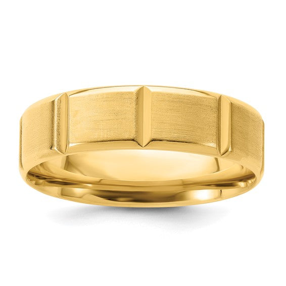 14kt Yellow Gold 6mm Standard Weight Comfort Fit Brushed/Polished Beveled Edge with Vertical Lines Wedding Band Size 13