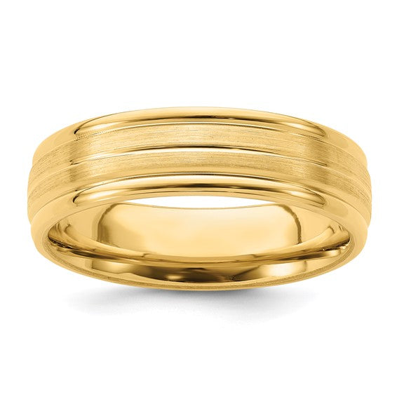 14kt Yellow Gold 6mm Heavyweight Comfort Fit Brushed Satin with Center Line Fancy Wedding Band Size 10.5
