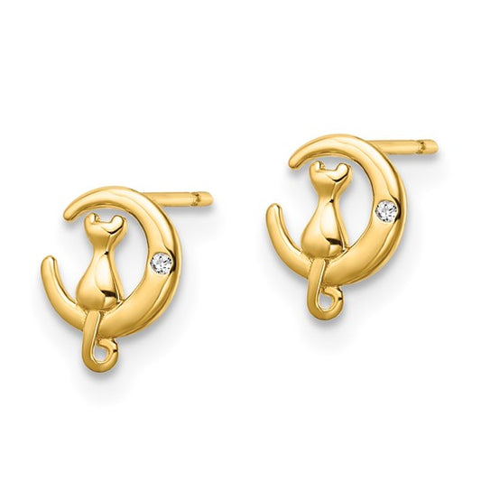 14kt Yellow Gold CZ Cat on the Moon Post Earrings