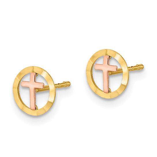 14KT Two-tone Circle with Cross Post Earrings