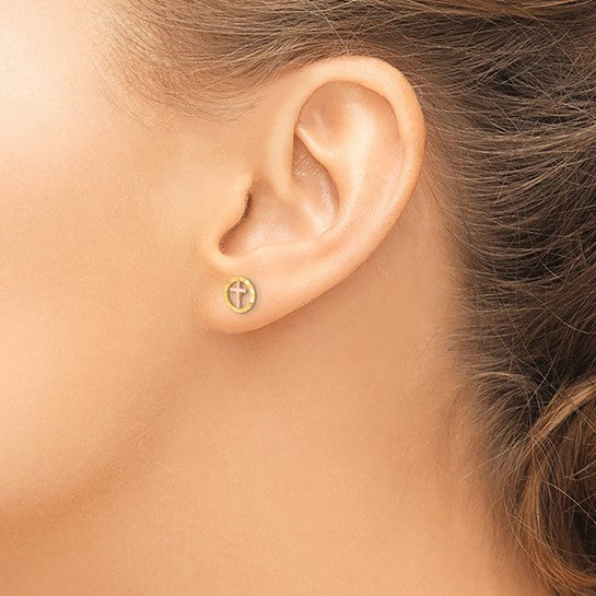 14KT Two-tone Circle with Cross Post Earrings