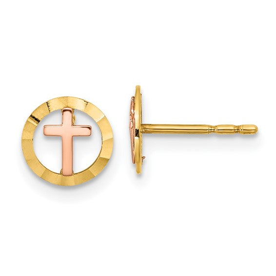 14KT Two-tone Circle with Cross Post Earrings