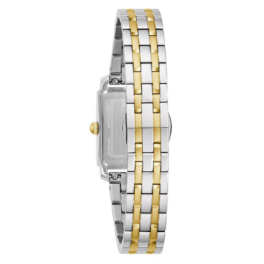Ladies' Bulova Sutton Two-Tone Watch with Rectangular Mother-of-Pearl Dial (Model: 98L308)