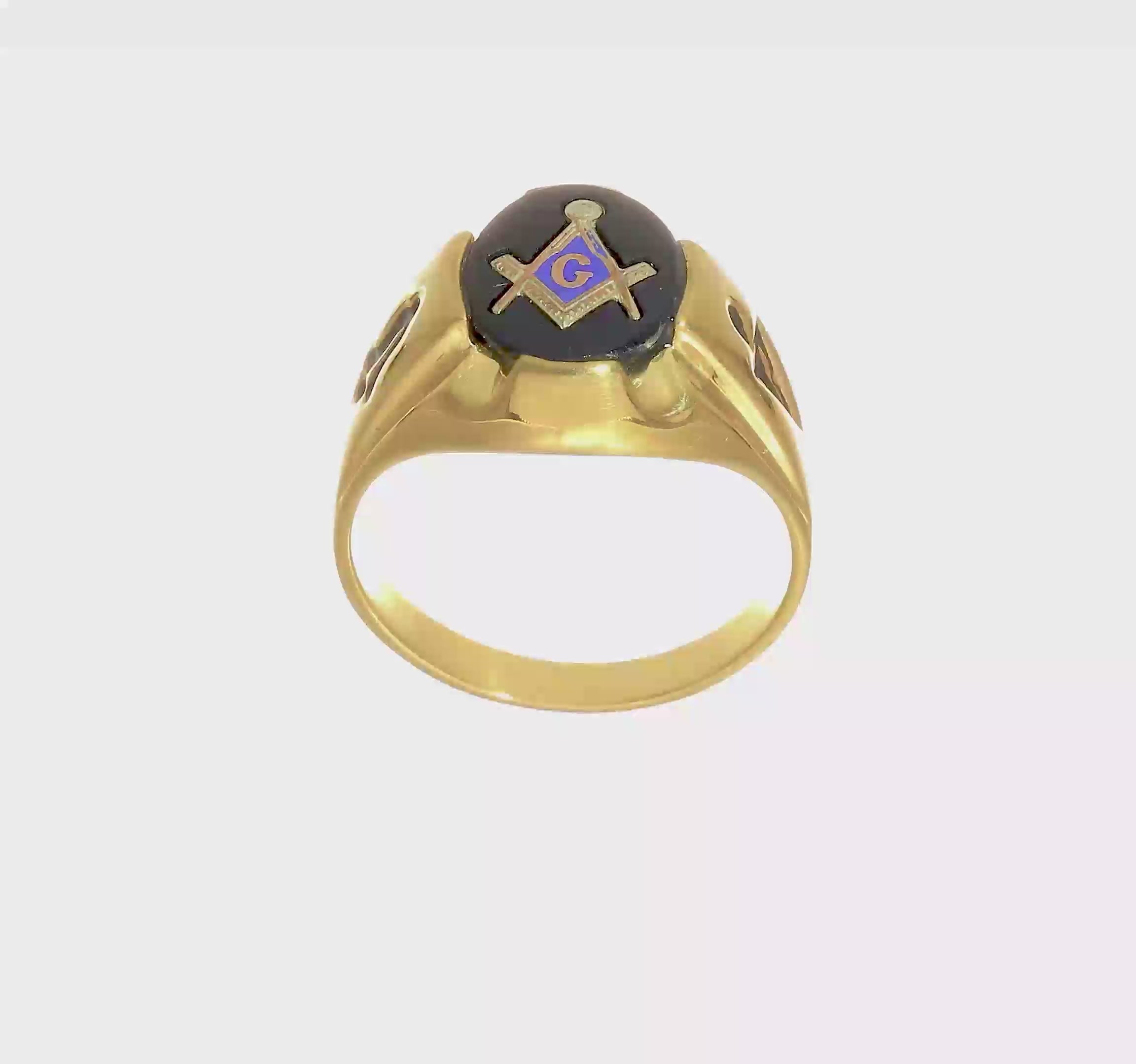 14kt Yellow Gold Men's Polished, Antiqued and Grooved with Oval Onyx Masonic Ring