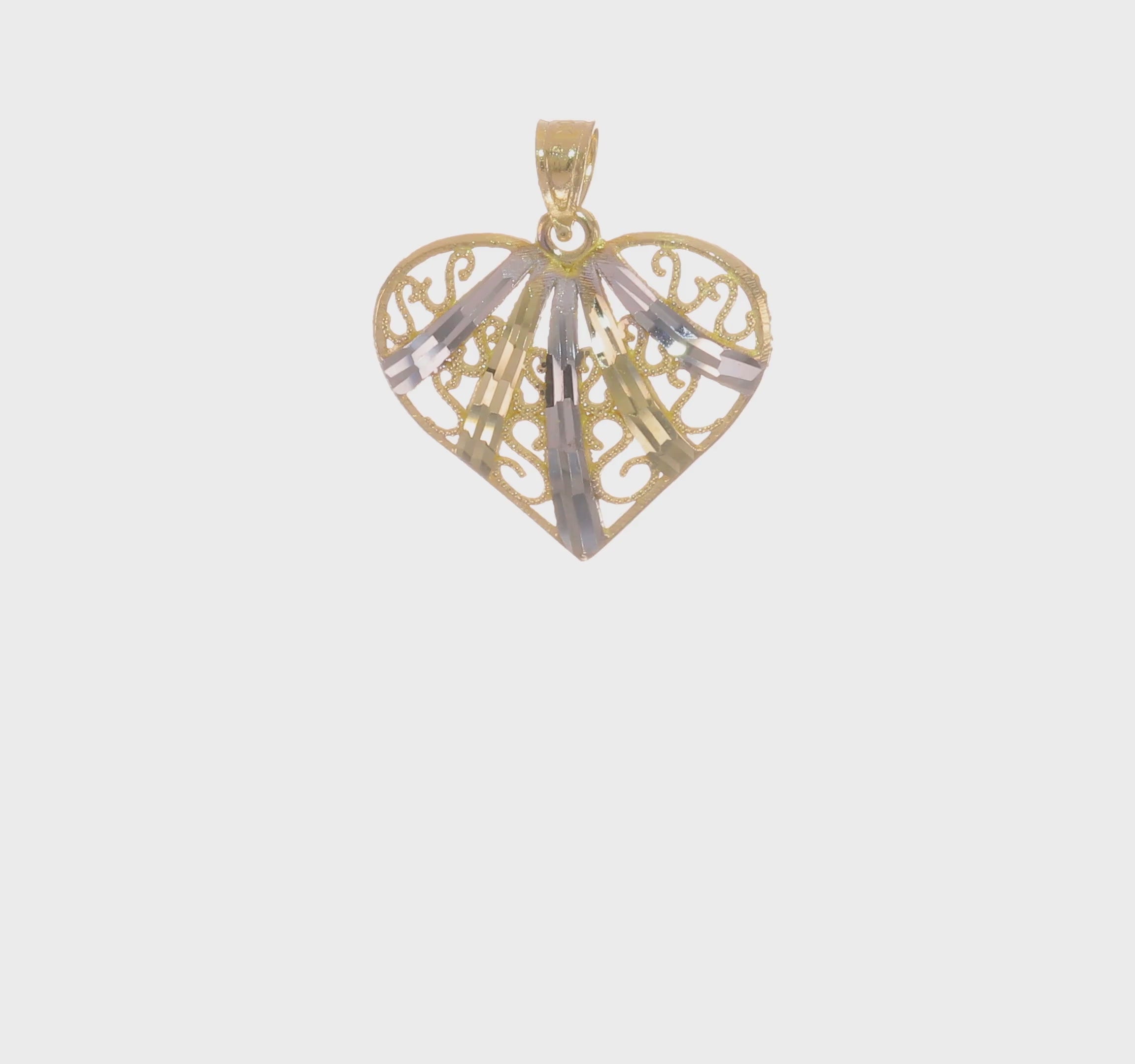 10KT Yellow Gold w/Rhodium Diamond-Cut Filigree Heart Pendant