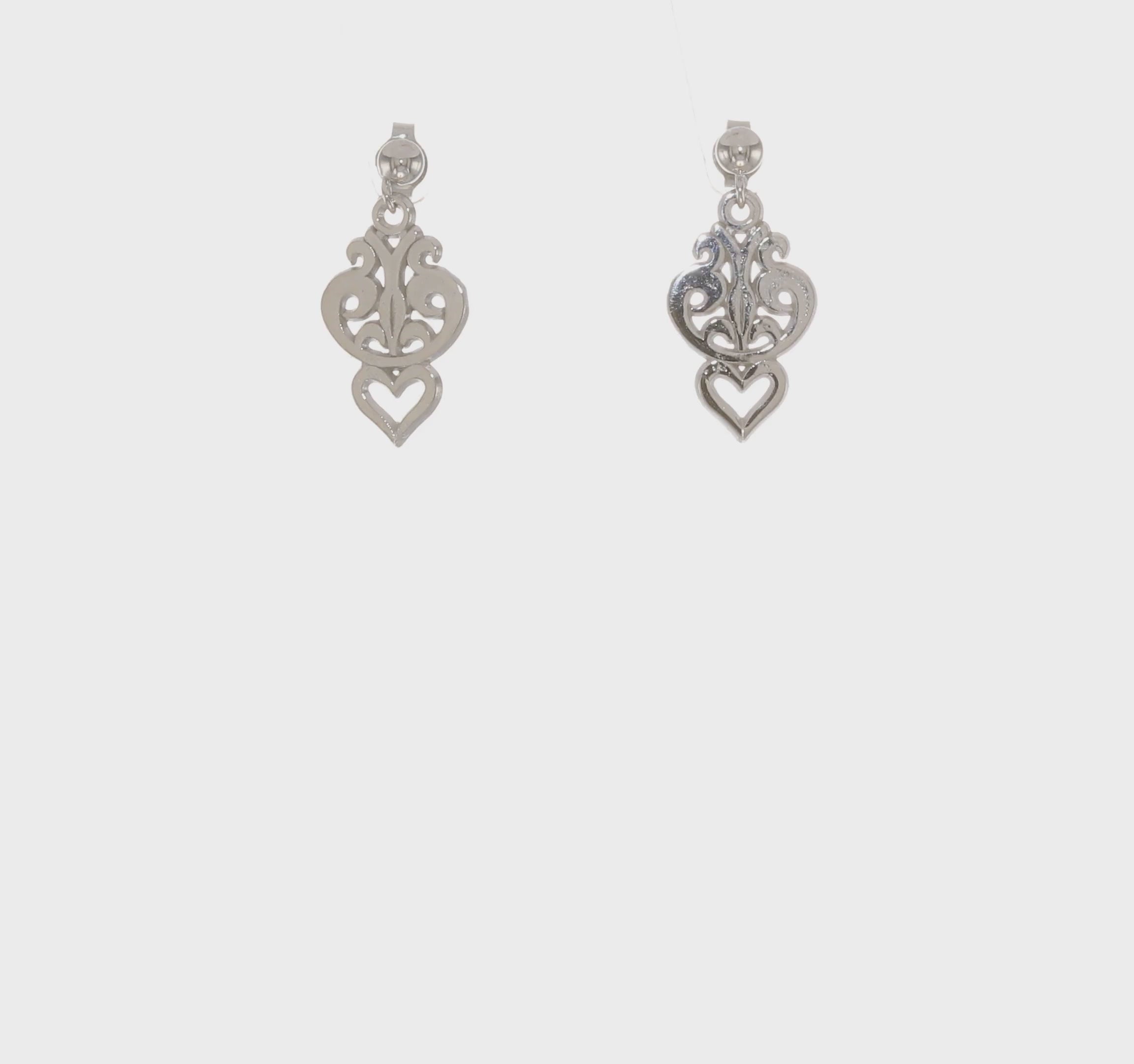 14kt White Gold Filigree Heart Dangle Earrings