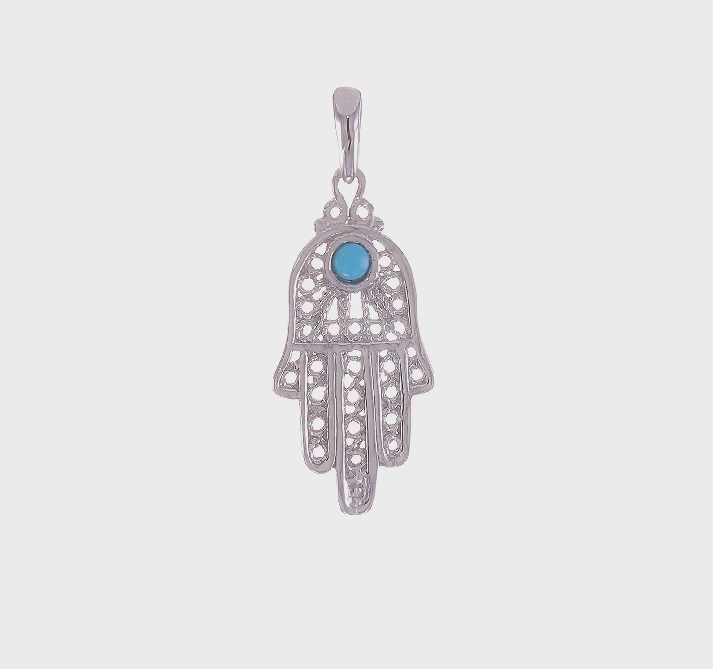 14kt White Gold Turquoise Filigree Chamseh Pendant
