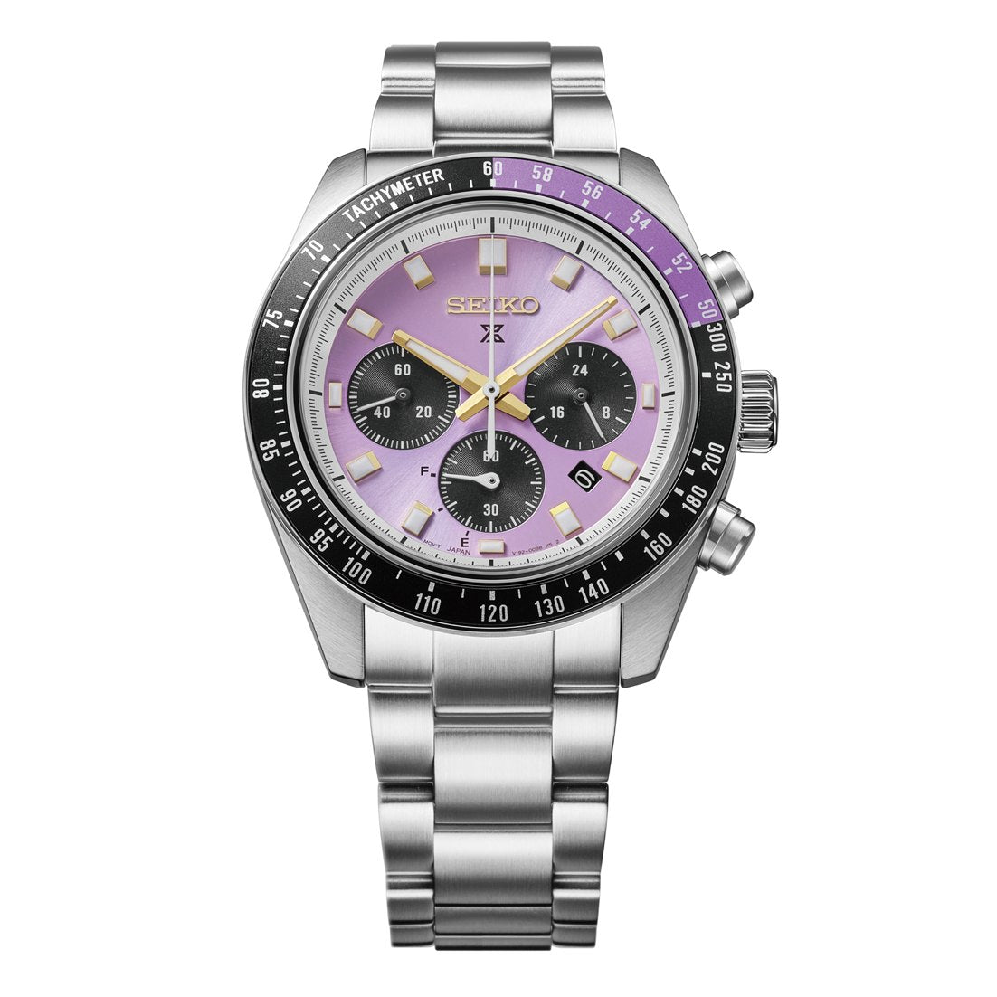 Seiko Prospex Solar Speedtimer HBJ005 145th anniversary chronograph with purple dial, gold-tone accents and black tachymeter bezel on a steel bracelet