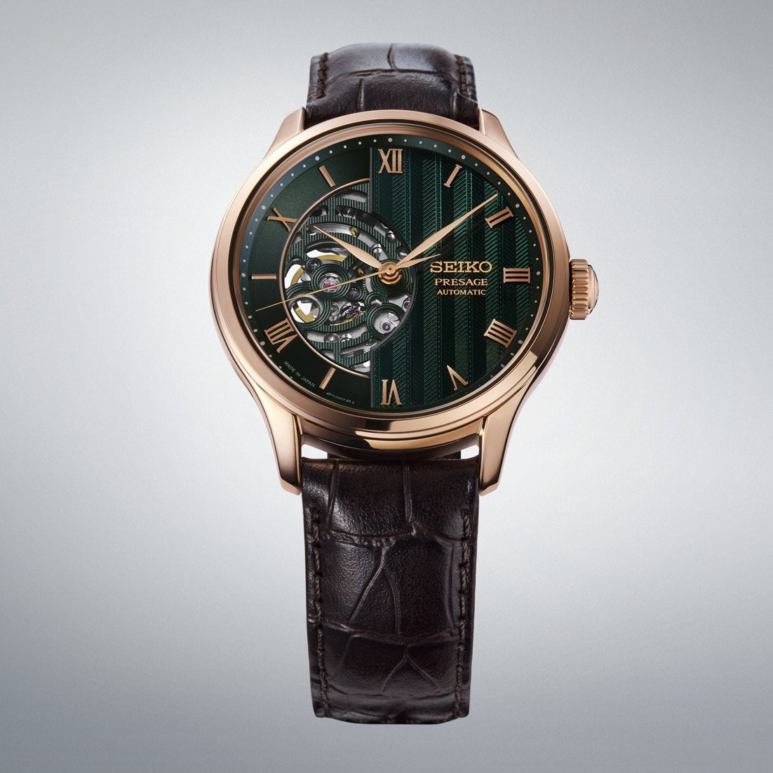 New Seiko Presage Japanese Garden HCB007 open-heart automatic in rose gold with green dial