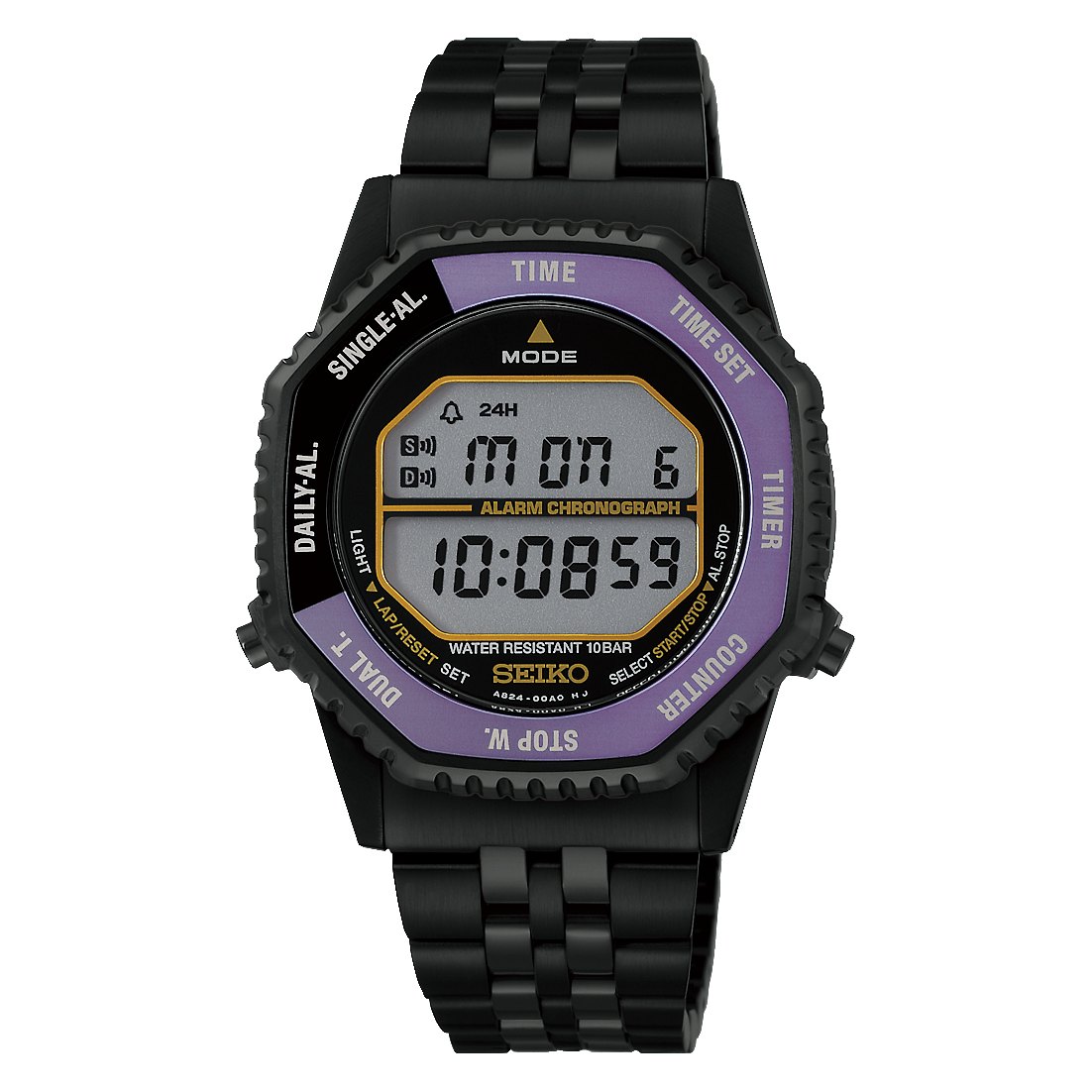 Seiko Rotocall HFL001 145th anniversary digital watch in black with purple aluminium bezel ring and black stainless steel bracelet