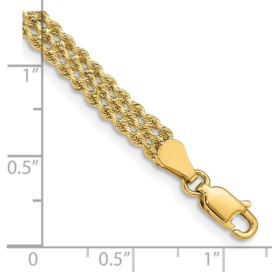 14kt Yellow Gold 4.5mm Wide, 7.5 Inch Length, Triple Strand Rope Bracelet with Lobster Clasp