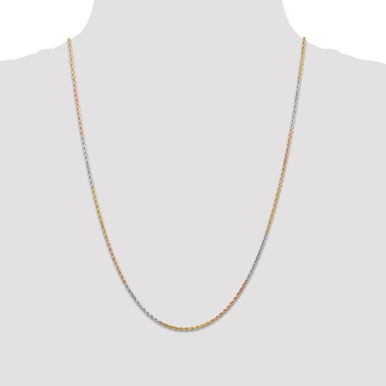 14KT Tri-colored 24 inch 1.5mm Diamond-cut Rope with Lobster Clasp Chain