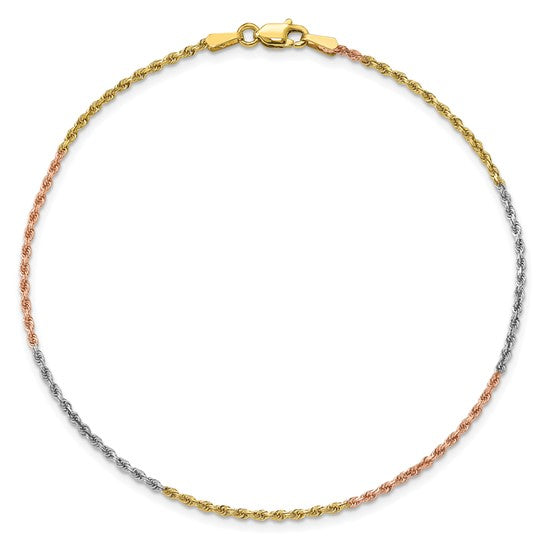 14KT Tri-colored 10 inch 1.5mm Diamond-cut Rope with Lobster Clasp Anklet