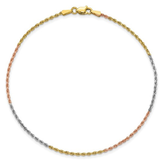 14KT Tri-colored 10 inch 1.5mm Diamond-cut Rope with Lobster Clasp Anklet