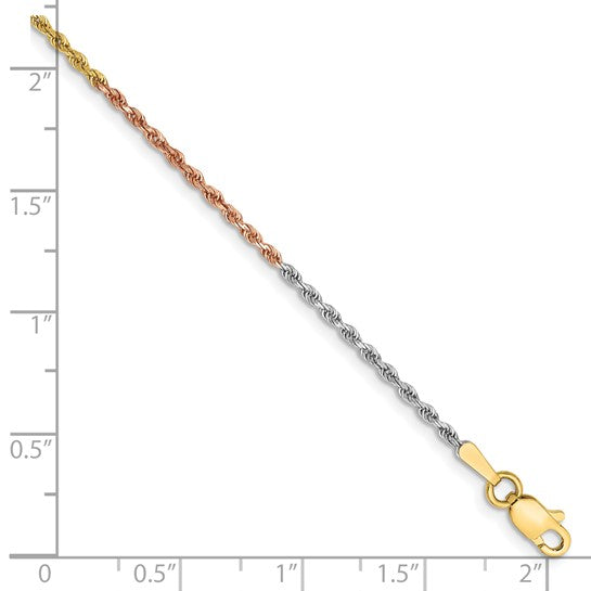 14KT Tri-colored 10 inch 1.5mm Diamond-cut Rope with Lobster Clasp Anklet
