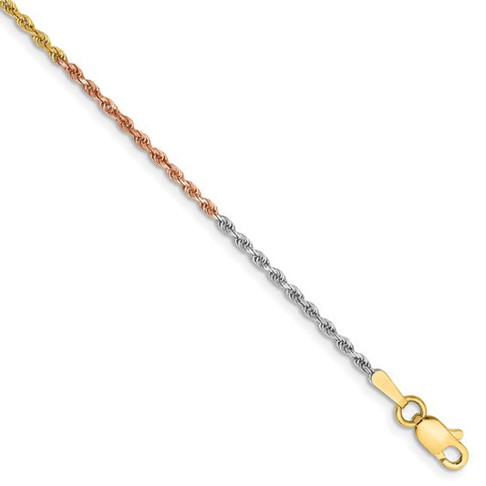14KT Tri-colored 10 inch 1.5mm Diamond-cut Rope with Lobster Clasp Anklet