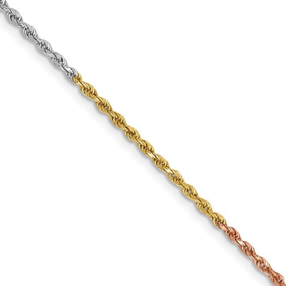 14kt Tri-colored 16 inch 1.5mm Diamond-cut Rope with Lobster Clasp Chain