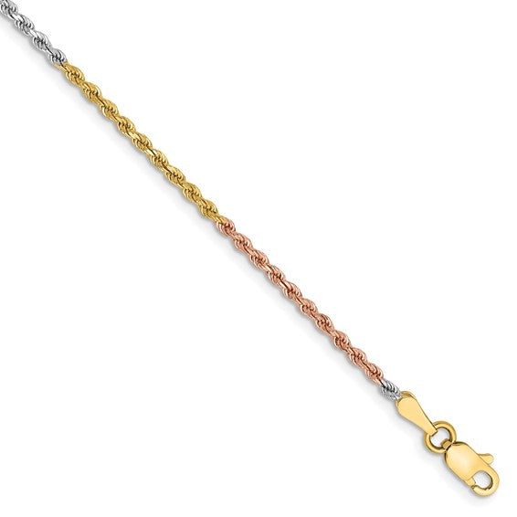 14KT Tri-colored 9 inch 1.75mm Diamond-cut Rope with Lobster Clasp Anklet