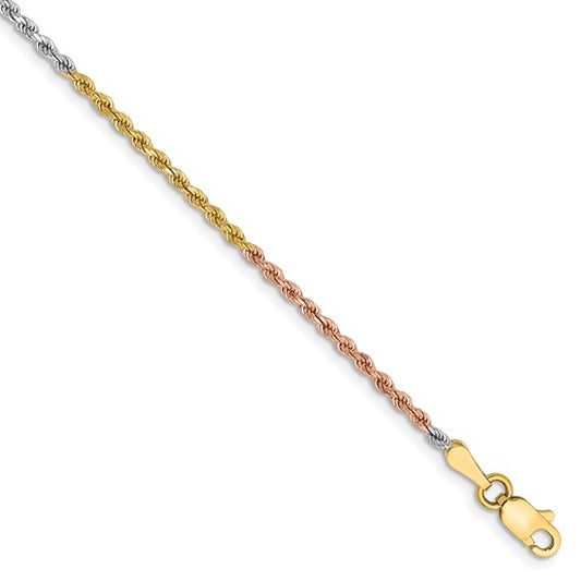 14KT Tri-colored 10 inch 1.75mm Diamond-cut Rope with Lobster Clasp Anklet