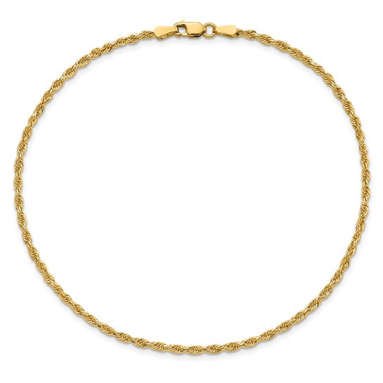 14KT Yellow Gold 10 inch 2mm Diamond-cut Rope with Lobster Clasp Anklet