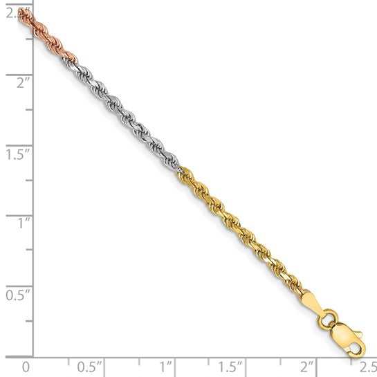 14kt Tri-colored 7 inch 2.5mm Diamond-cut Rope with Lobster Clasp Chain
