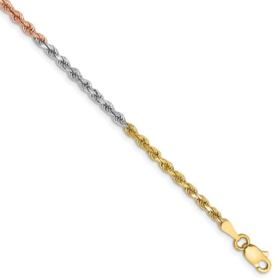 14kt Tri-colored 7 inch 2.5mm Diamond-cut Rope with Lobster Clasp Chain