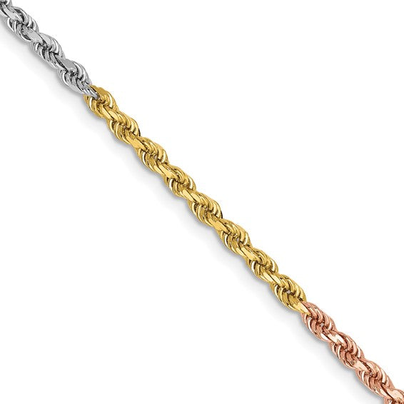 14KT Tri-colored 16 inch 2.5mm Diamond-cut Rope with Lobster Clasp Chain