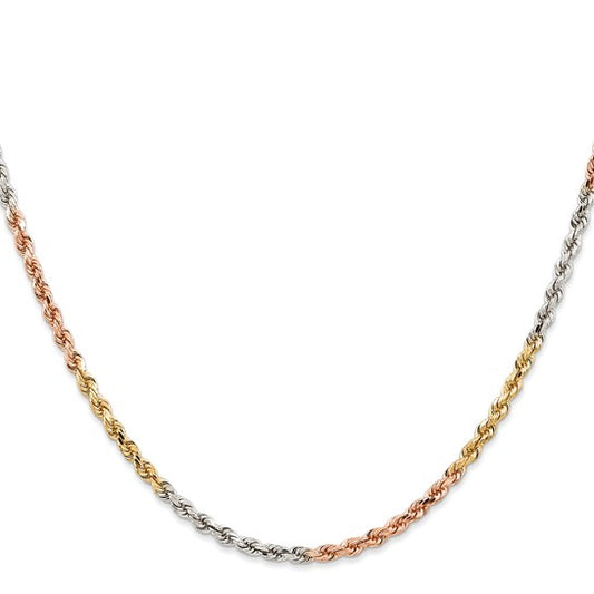 14KT Tri-colored 18 inch 2.9mm Diamond-cut Rope with Lobster Clasp Chain