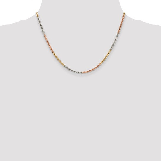14KT Tri-colored 18 inch 2.9mm Diamond-cut Rope with Lobster Clasp Chain