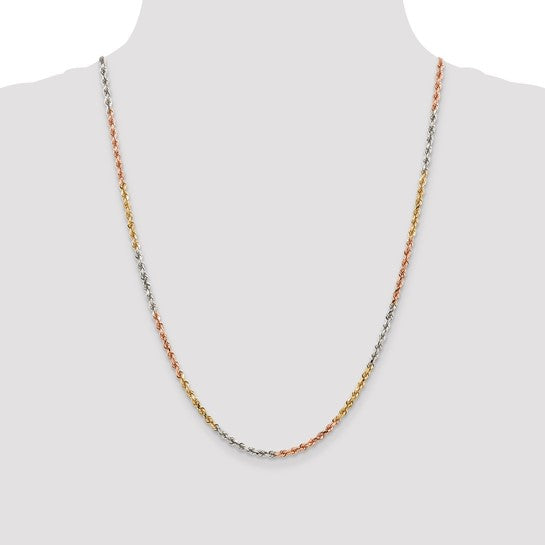 14kt Tri-colored 24 inch 2.9mm Diamond-cut Rope with Lobster Clasp Chain