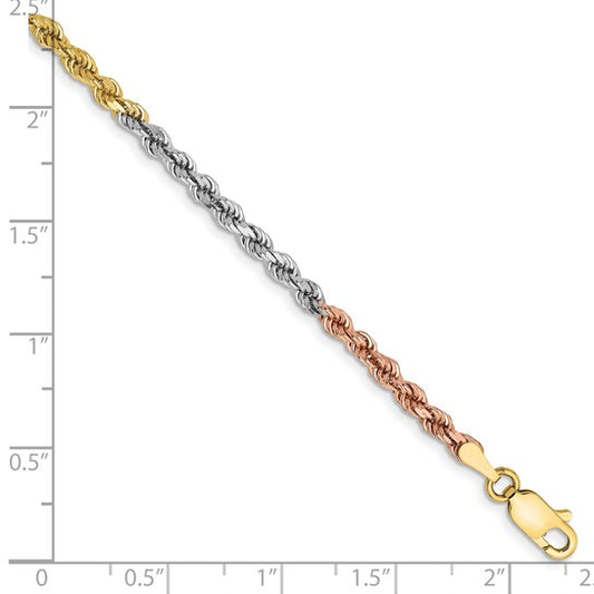 14KT Tri-colored 7 inch 2.9mm Diamond-cut Rope with Lobster Clasp Chain