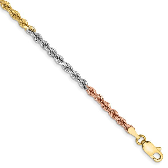 14KT Tri-colored 7 inch 2.9mm Diamond-cut Rope with Lobster Clasp Chain