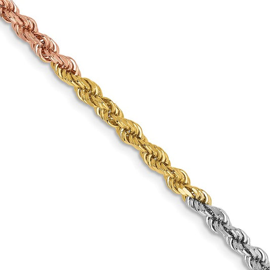 14kt Tri-colored 24 inch 2.9mm Diamond-cut Rope with Lobster Clasp Chain
