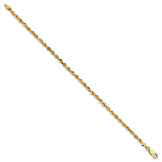 14kt Yellow Gold Solid 8 inch 3mm Diamond-cut Rope with Lobster Clasp Bracelet