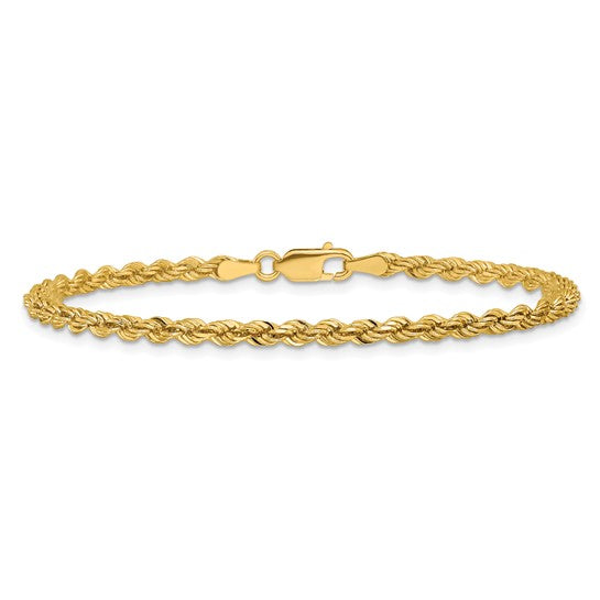 14kt Yellow Gold Solid 8 inch 3mm Diamond-cut Rope with Lobster Clasp Bracelet