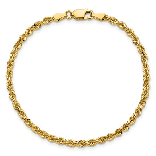 14kt Yellow Gold Solid 8 inch 3mm Diamond-cut Rope with Lobster Clasp Bracelet
