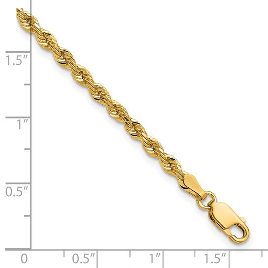 14kt Yellow Gold Solid 8 inch 3mm Diamond-cut Rope with Lobster Clasp Bracelet