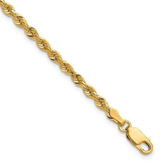 14kt Yellow Gold Solid 8 inch 3mm Diamond-cut Rope with Lobster Clasp Bracelet