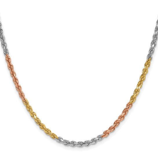 14KT Tri-colored 20 inch 3mm Diamond-cut Rope with Lobster Clasp Chain