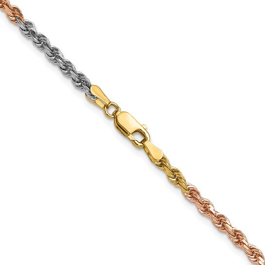 14KT Tri-colored 24 inch 3mm Diamond-cut Rope with Lobster Clasp Chain