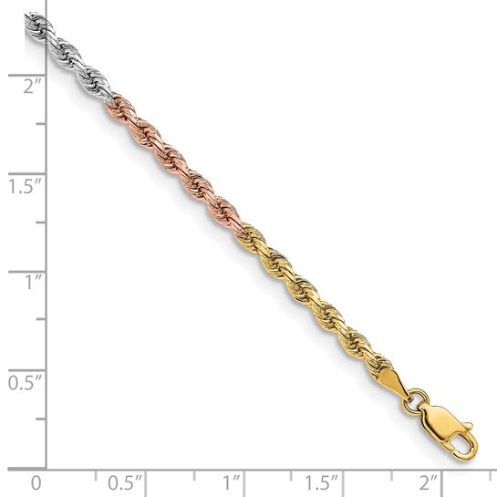 14KT Tri-colored 7 inch 3mm Diamond-cut Rope with Lobster Clasp Chain