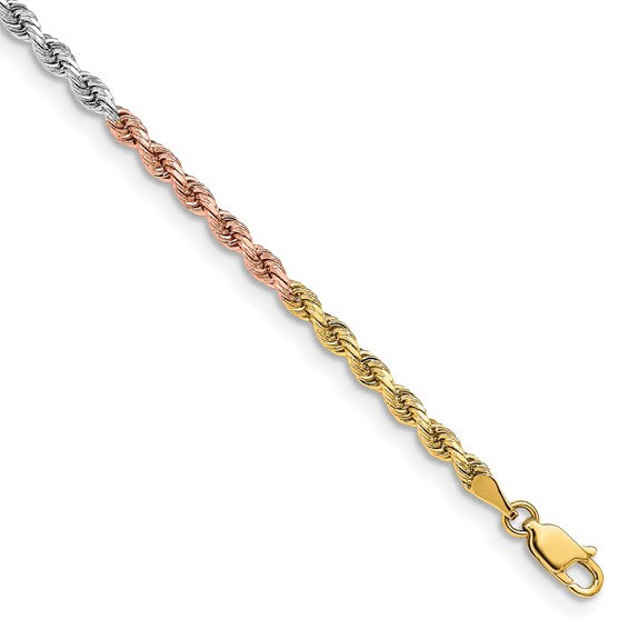 14KT Tri-colored 7 inch 3mm Diamond-cut Rope with Lobster Clasp Chain