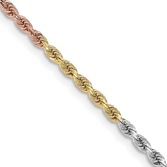14KT Tri-colored 20 inch 3mm Diamond-cut Rope with Lobster Clasp Chain