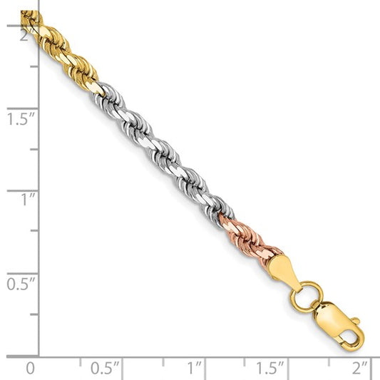 14KT Tri-colored 8 inch 4mm Diamond-cut Rope with Lobster Clasp Chain