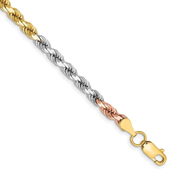 14KT Tri-colored 7 inch 4mm Diamond-cut Rope with Lobster Clasp Chain