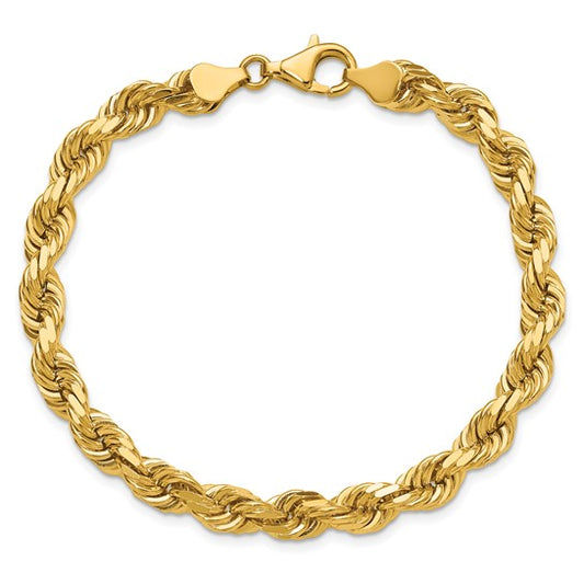 14kt Yellow Gold 9 inch 6.5mm Diamond-cut Rope with Fancy Lobster Clasp Chain