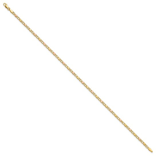 10kt and Rose Rhodium 3mm Solid Double Link X-and-Heart 8 inch Charm Bracelet