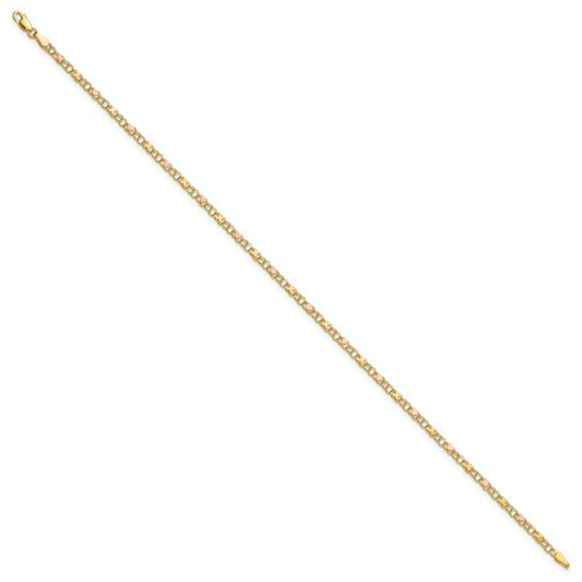10kt and Rose Rhodium 3mm Solid Double Link X-and-Heart 8 inch Charm Bracelet