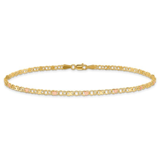 10kt and Rose Rhodium 3mm Solid Double Link X-and-Heart 8 inch Charm Bracelet