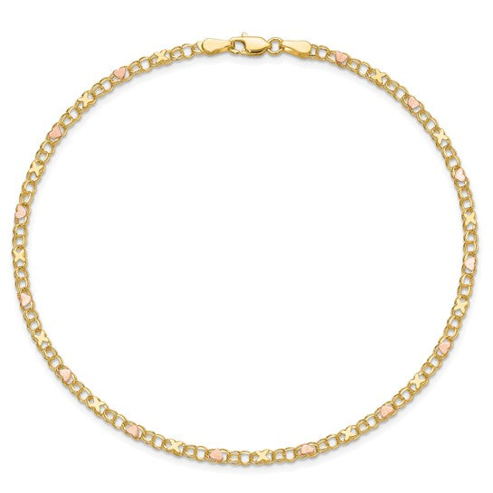 10kt and Rose Rhodium 3mm Solid Double Link X-and-Heart 8 inch Charm Bracelet